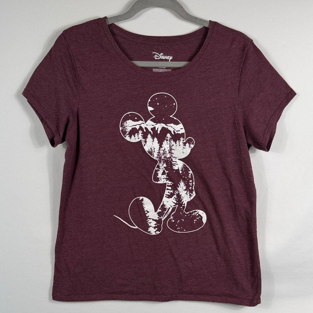 Disney Burgundy T-Shirt with Mickey‎ Mouse, Mountain Design. Womens Size M